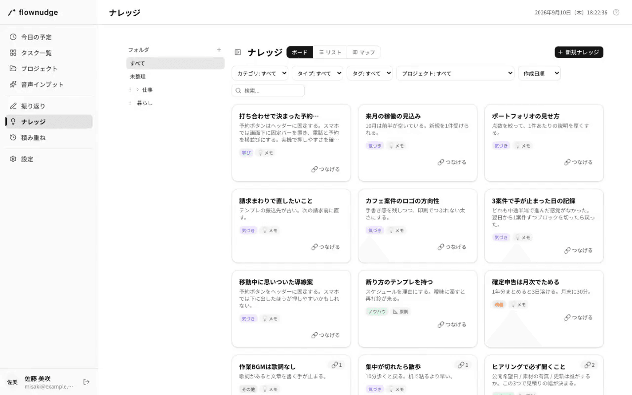 「新規ナレッジ」からタイトルと内容を入れて作成するところ